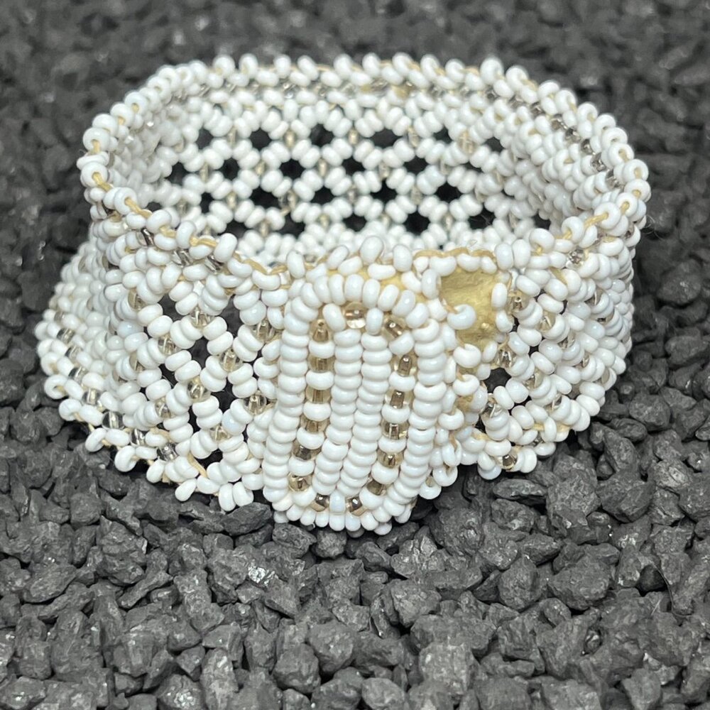 Handcrafted Vintage White Beaded Bracelet With Snap Closure